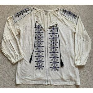 Lucky Brand Linen Blend Embroidered Peasant Top Sz S Cream Tassel Tie Festival